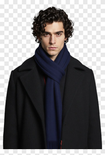 Man Wearing A Black Coat And Blue Scarf PNG