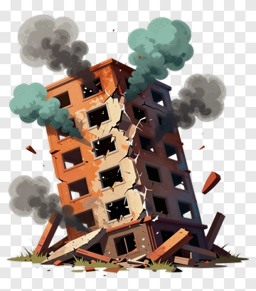 Cartoon Building Collapse With Smoke And Debris PNG