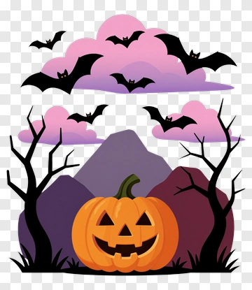 Halloween Pumpkin With Bats And Clouds PNG