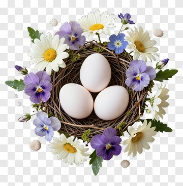 Nest With Eggs Surrounded By Flowers PNG