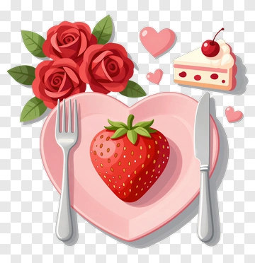 Heart-Shaped Plate With Strawberry And Roses PNG
