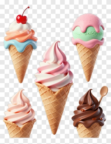 Ice Cream Cones With Various Flavors And Toppings PNG