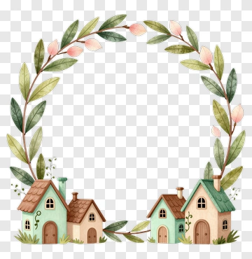 Watercolor Houses Surrounded By Floral Wreath PNG
