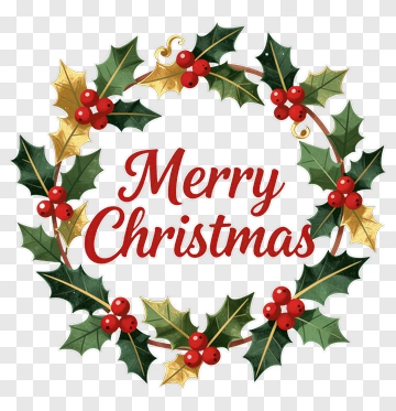 Merry Christmas Wreath With Holly And Berries PNG