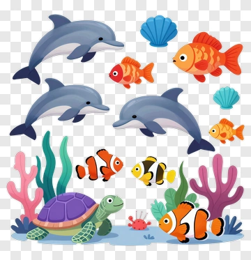 Cartoon Dolphins And Colorful Fish In Underwater Scene PNG