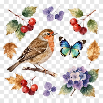 Bird Surrounded By Colorful Leaves And Flowers PNG