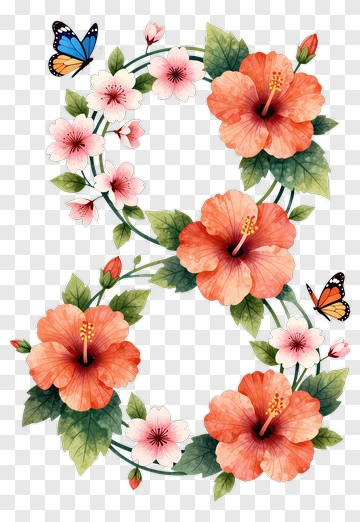 Floral Number Eight With Hibiscus And Butterflies PNG