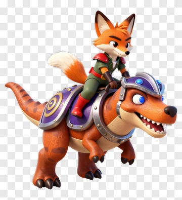 Cartoon Fox Riding A Dinosaur PNG