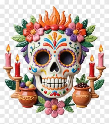 Colorful Sugar Skull With Flowers And Candles PNG