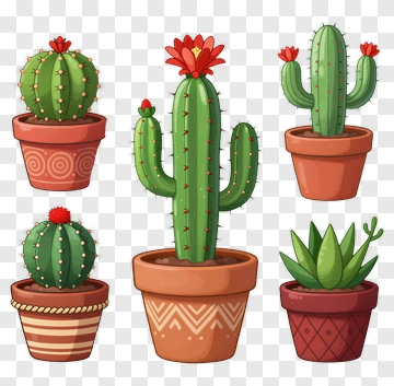 Colorful Cacti In Flower Pots PNG