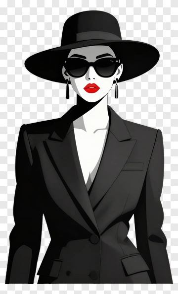 Stylish Woman In Black Suit And Hat PNG