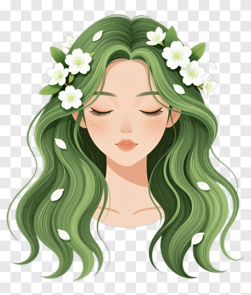 Woman With Green Hair And Floral Crown PNG