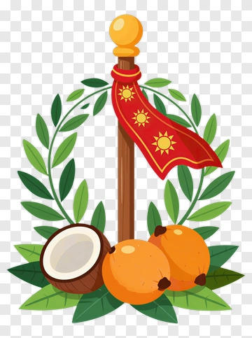 Decorative Coconut And Fruits With Flag And Leaves PNG