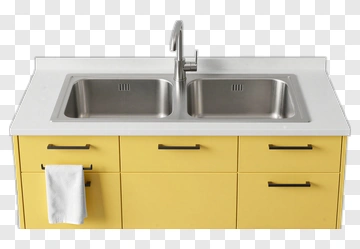 Modern Kitchen Sink With Yellow Cabinets PNG