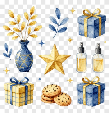 Blue Gift Boxes With Cookies And Decorative Elements PNG