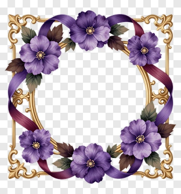 Floral Frame With Purple Flowers And Ribbons PNG