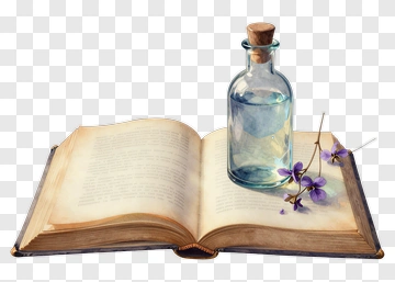 Open Book With Glass Bottle And Violet Flowers PNG