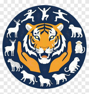 Tiger Surrounded By Various Animals And Human Silhouettes PNG
