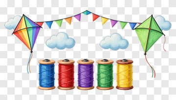 Colorful Kites And Spools Of Thread PNG