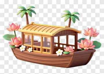 Colorful Boat With Flowers And Palm Trees PNG