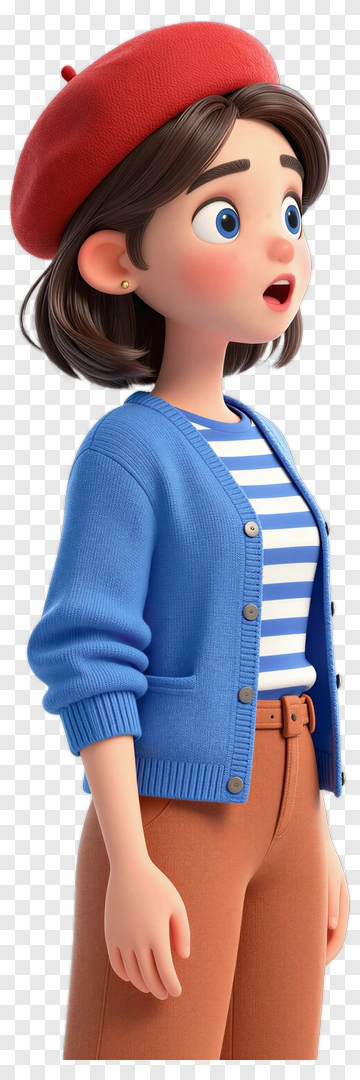 Cartoon Woman In Blue Cardigan And Red Beret PNG