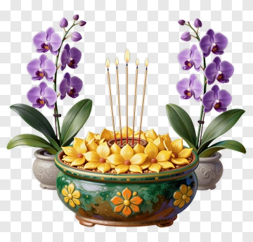 Orchid Centerpiece With Incense Sticks And Flowers PNG