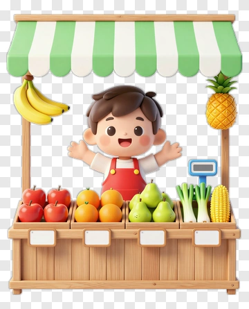Cartoon Fruit Stand With A Happy Boy PNG