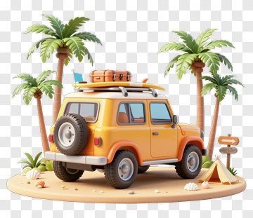 3D Yellow Car Surrounded By Palm Trees PNG