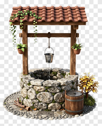 Well Surrounded By Plants And Stones PNG