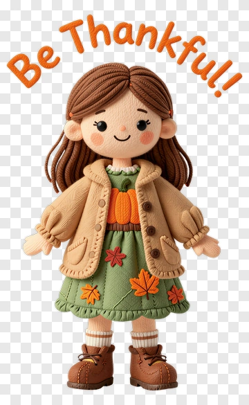 Thankful Doll With Autumn Leaves And Pumpkin PNG