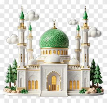 3D Mosque With Green Dome And Towering Minarets PNG