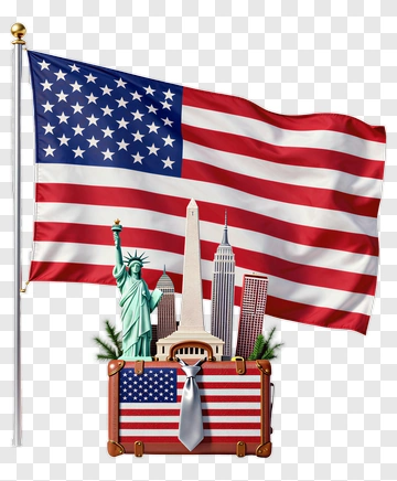 American Flag With Iconic Landmarks And Suitcase PNG