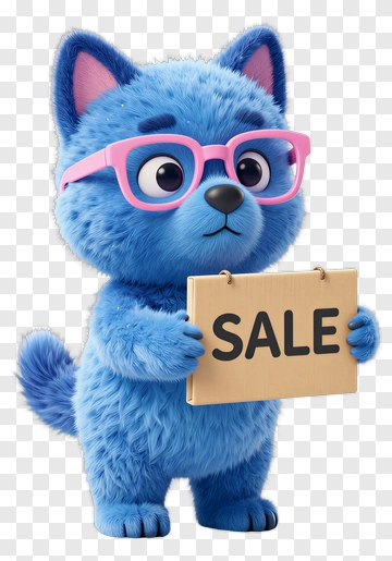 Cartoon Blue Cat Holding A Sale Sign PNG