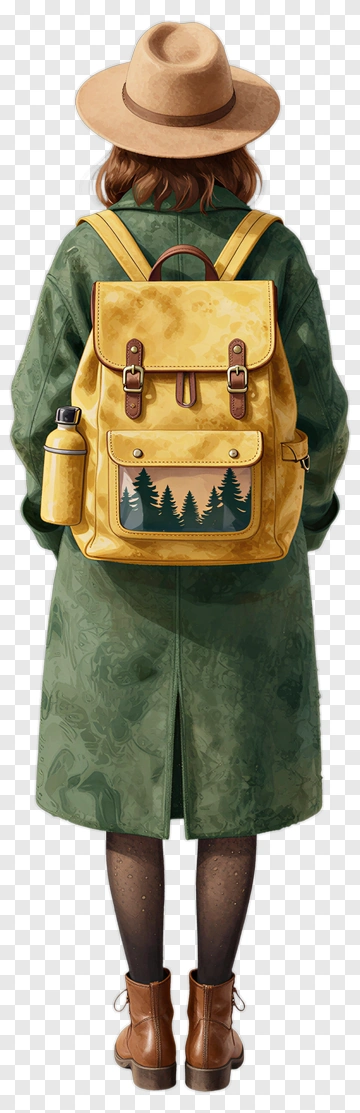 Woman With Yellow Backpack And Hat PNG