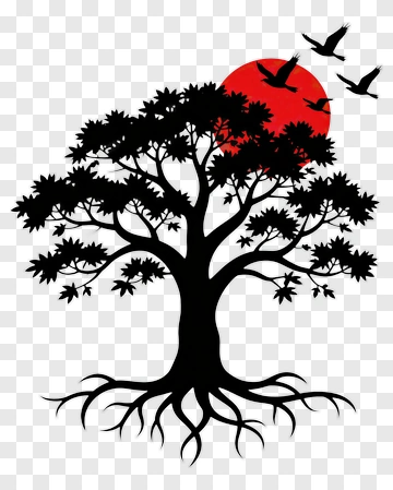 Silhouette Tree With Red Sun And Birds PNG