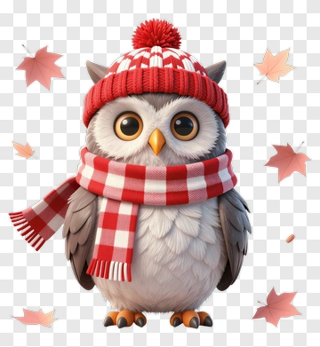 Cartoon Owl Wearing A Red Hat And Scarf PNG