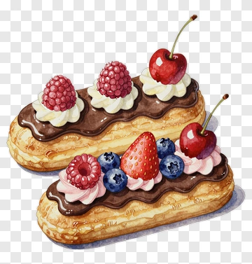 Colorful Eclair Desserts With Berries And Cherries PNG