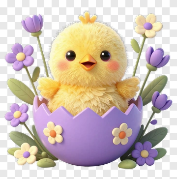 Cute Chick Emerging From Purple Egg Surrounded By Flowers PNG