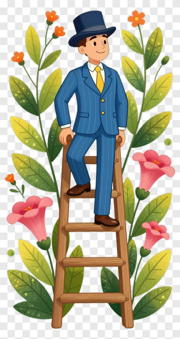 Businessman Standing On A Ladder Surrounded By Flowers PNG