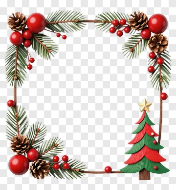 Christmas Frame With Pine And Ornaments PNG