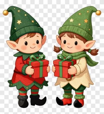 Cartoon Christmas Elves Holding Gifts PNG