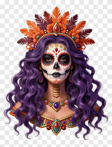 Colorful Sugar Skull Woman With Floral Headpiece PNG