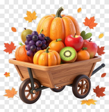 Colorful Wheelbarrow Filled With Autumn Fruits And Vegetables PNG