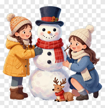 Children Building A Snowman With A Reindeer PNG