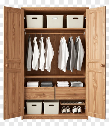 Wooden Wardrobe With Shelves And Storage Bins PNG