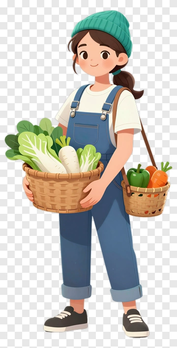 Cartoon Farmer Holding Baskets Of Fresh Vegetables PNG