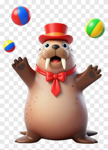 Cartoon Walrus Juggling Colorful Balls PNG
