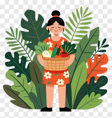 Cartoon Woman Holding A Basket Of Vegetables PNG