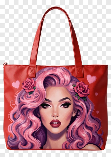 Stylish Red Tote Bag With Pink Haired Woman Illustration PNG