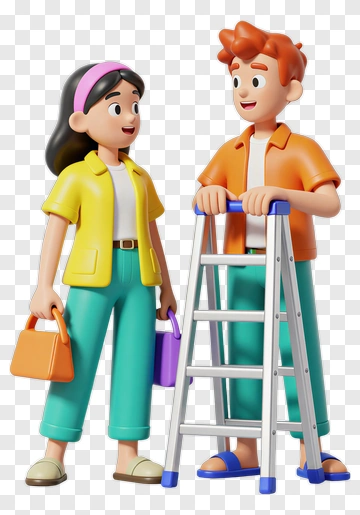 Cartoon Couple With A Ladder PNG